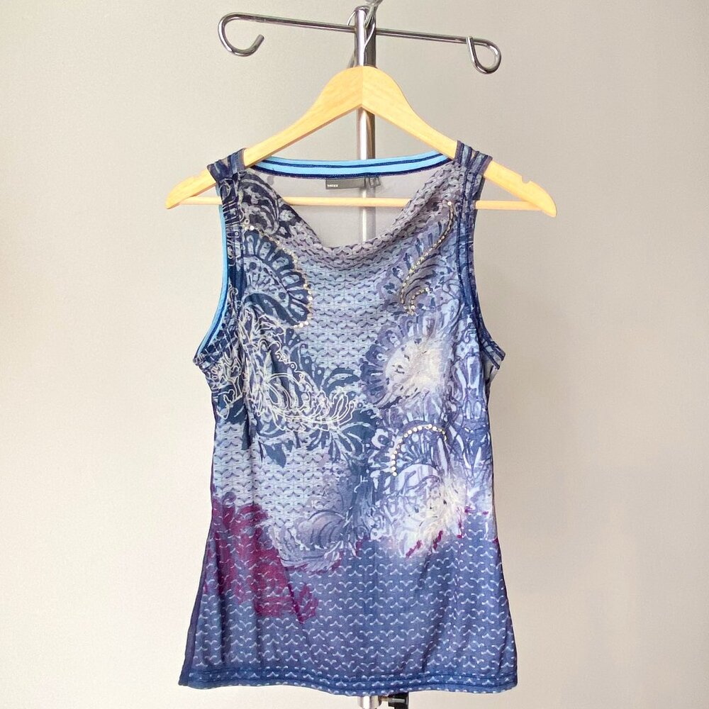 ☀️ Y2K Vintage Shiny Tank Top – Blue & Purple Paisley Abstract / Size L